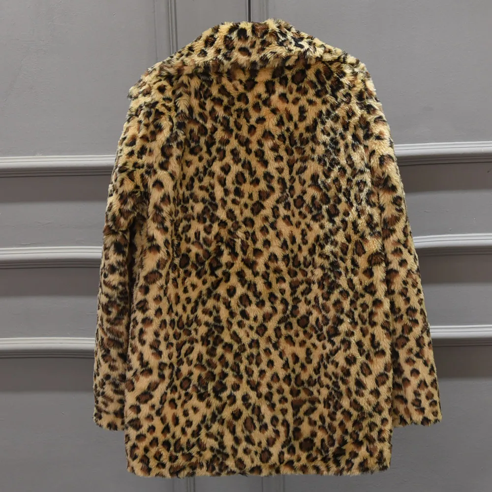 Женское пальто из искусственного меха, зимнее теплое женское леопардовое пальто с отложным воротником, верхняя одежда, утолщенные плюшевые пальто, женская куртка большого размера