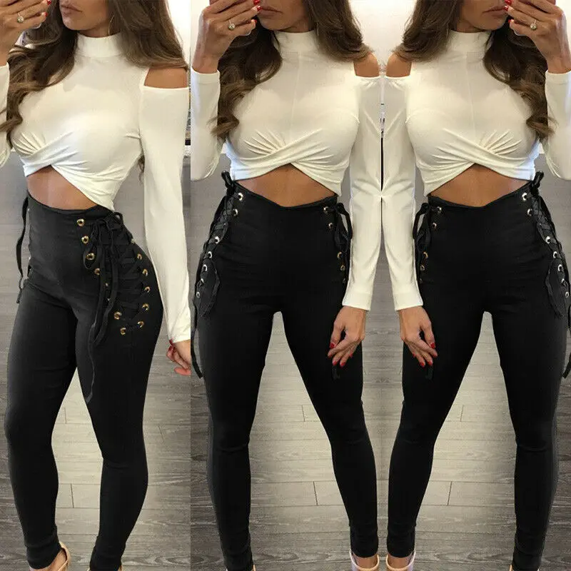 

2019 Early Autumn New Womens Lace Up Skinny Bandage Pencil Pants High Waist Bandage Stretch Trousers