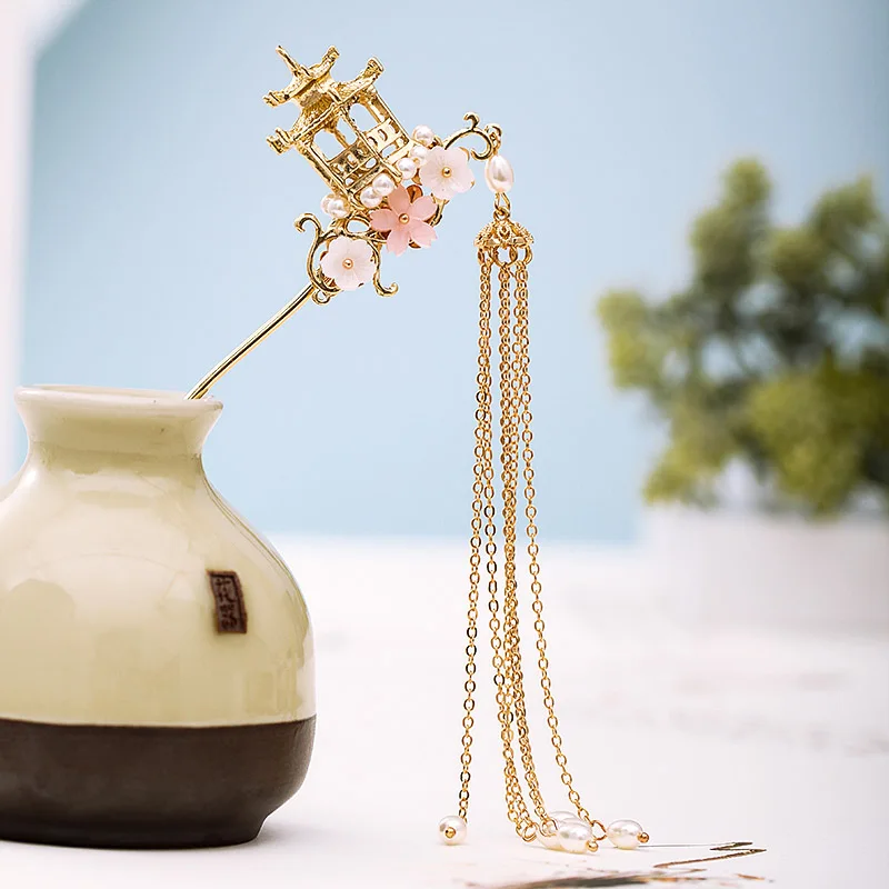New Chinese Hanfu Dress Hairpins Clips Flower Pearls Gold Color Long Tassels Hair Fork Sticks Headpieces for Women Girls | Украшения и