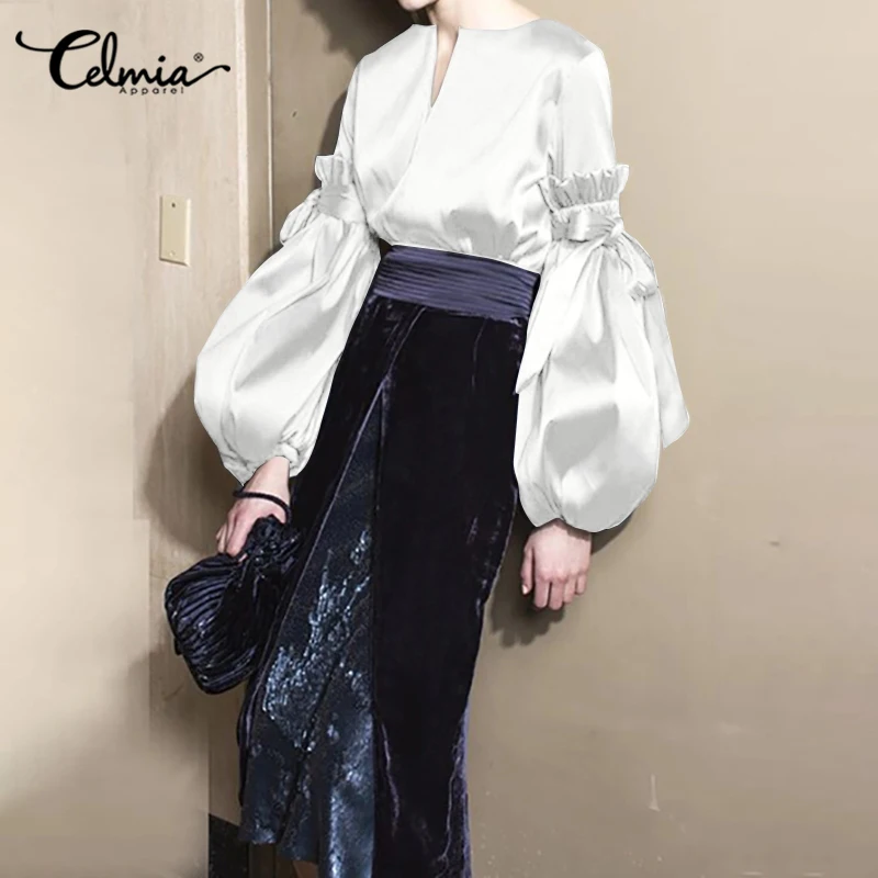 

Celmia Fashion V Neck Long Lantern Sleeve Blouse Elegant Office OL Women Soild Bow Bandage Shirt Top Casual Plus Size Blusas 7