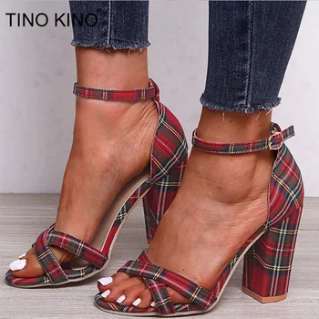 

Women Buckle Ankle Strap Sandals Summer Ladies Square High Heel Gingham Pumps Woman Open Toe Shoes Elegant Female Fashion