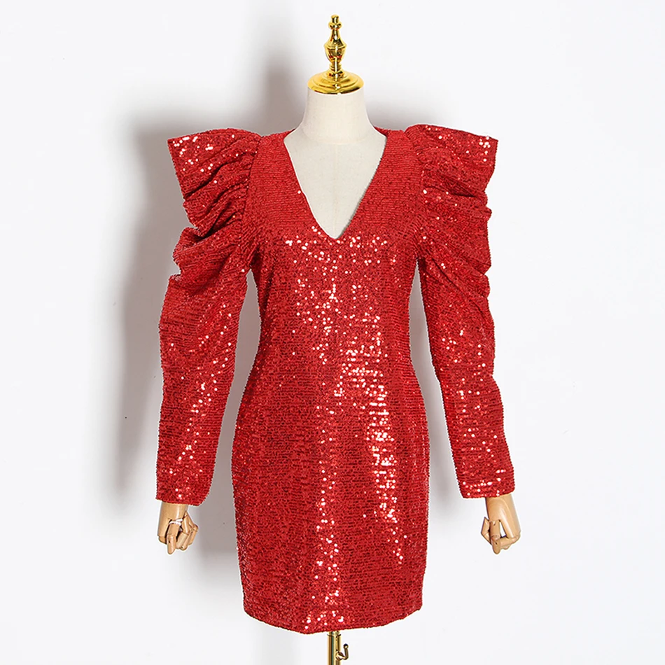 Женское короткое платье с V образным вырезом облегающее блестками в стиле звезд