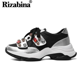 

RIZABINA Women Sneakers Shoes Fashion Cross Strap Paste Crystal Shoes Women Height Increasing Heel Casual Daddy Shoes Size 34-39
