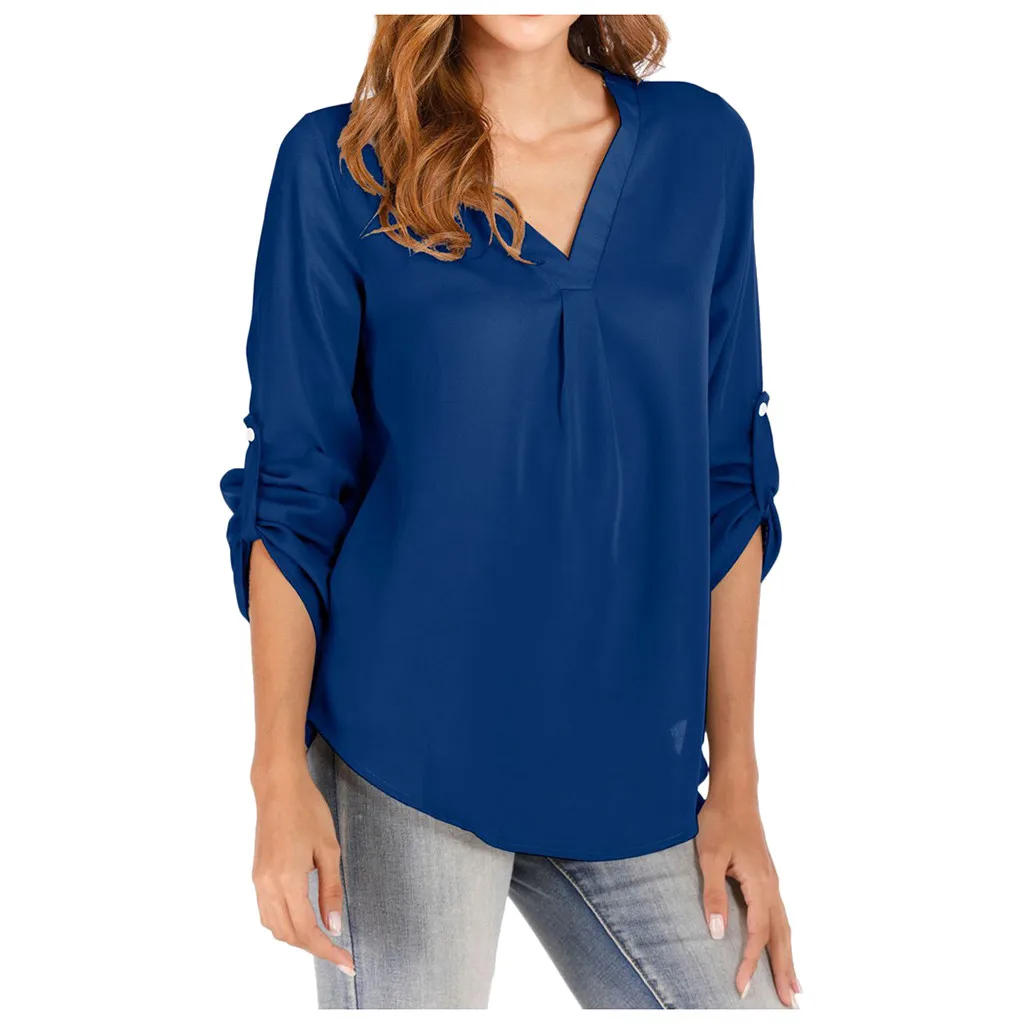 Элегантная Осенняя модная однотонная блуза с карманами Повседневная зимняя Рабочая офисная Футболка Топ Женская рубашка с рукавом 3/4 Blusa пуловер - Цвет: Blue
