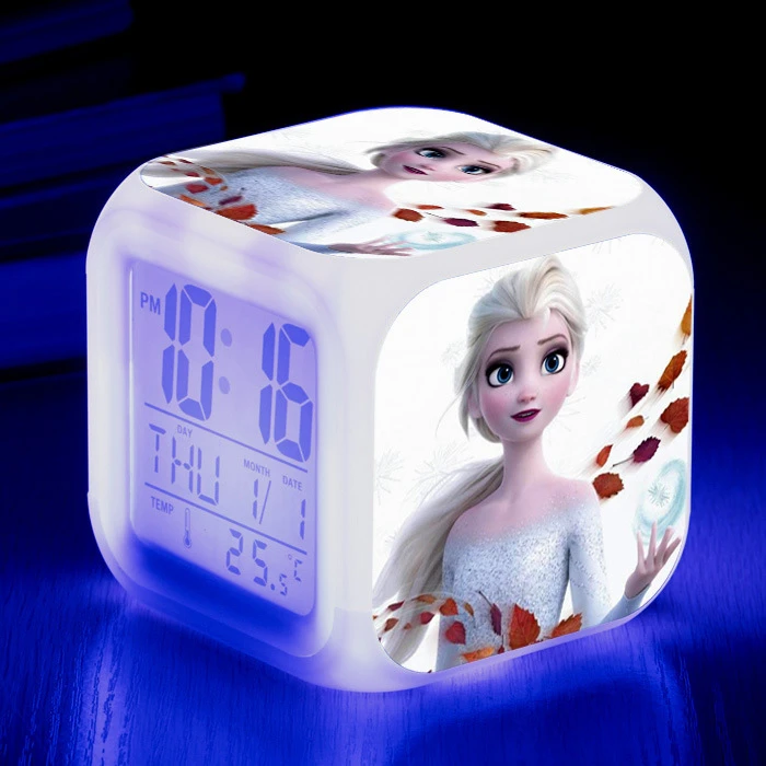New Arrival Fire Lizard Princess Olaf Elsa Clock Alarm With LED Colorful Light Clock Kids Party Gift Princess Pvc Doll For Girls