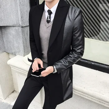 

Spring Splicing Leather Jacket Men Moto Veste Hommes Mens Baseball Collar Mens Wool Trench Coat 2020 Quality Veste Biker Homme