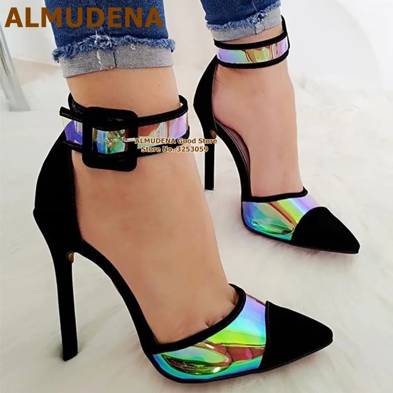 ALMUDENA Hologram Iridescent PVC Patchwork Dress Shoes Square Buckle Embellished Wedding Shoes Black Suede Pointed Toe High Heel