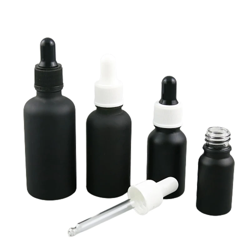 

12 x 100ml 50ml 30ml 20ml 15ml 10ml 5ml Matt black glass essential oil dropper bottle essential drop vials Cosmetic Containers