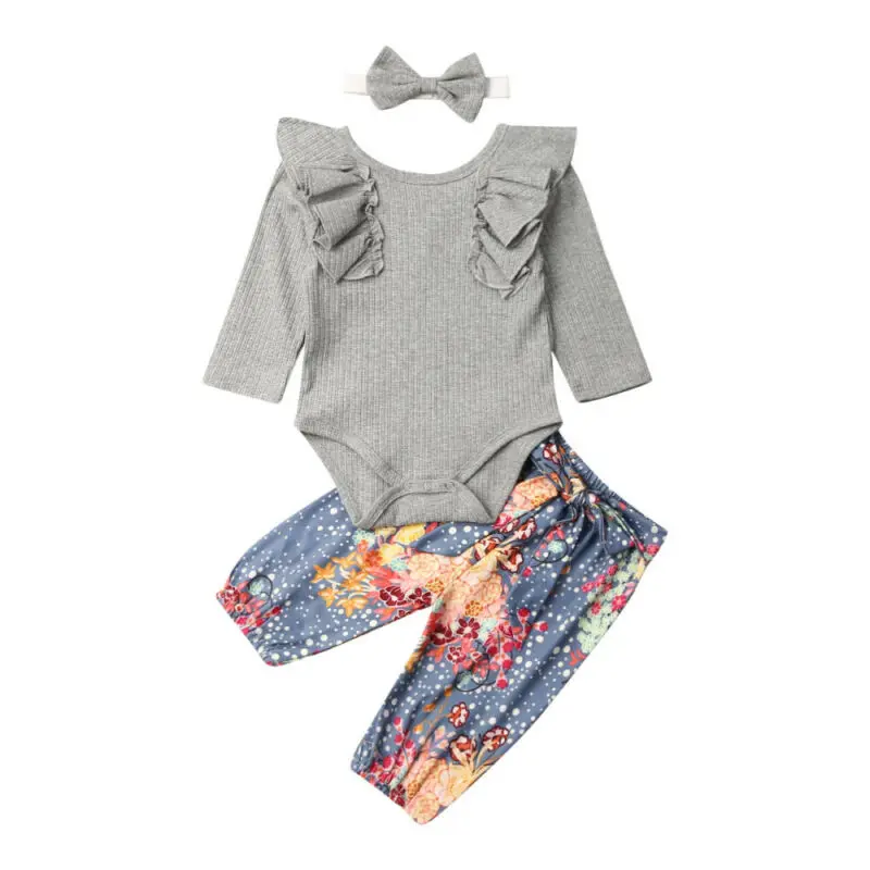 3pieces Newborn Baby Girl Clothes Set Solid Gray Yellow Red Bodysuits For Girls Print Pants Hairbands Outfit Newborn Clothes Set