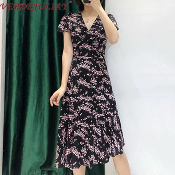 

VERDEJULIAY European Vintage Irregular Wrapped Dresses Women Elegant Flare Sleeve 2020 Spring Runway Floral Print Midi Dress