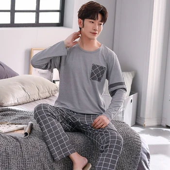 

XIZOU Brand Spring Autumn Winter Men 100% Cotton Pajamas Sets of Sleep Top & Pants Male Pijama Casual Home Clothing Sleepwear