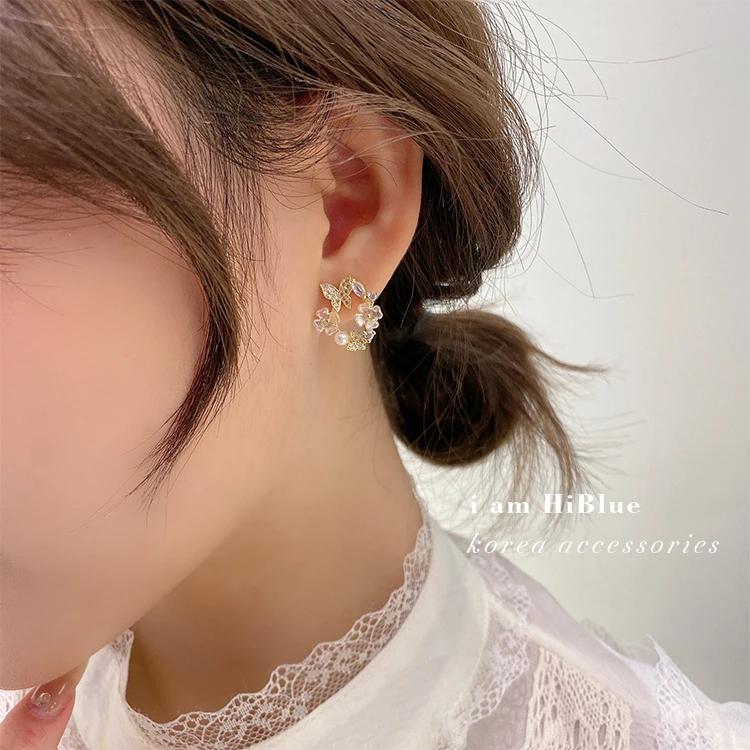 Korean new design fashion jewelry 14K gold plating zircon shell flower butterfly earrings elegant women’s wedding accessories