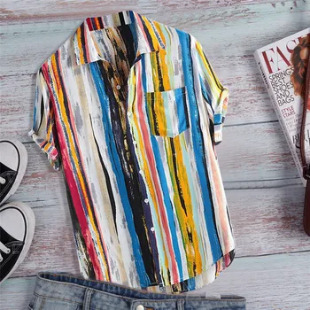 

2020 Pocket Striped Shirt Men's Summer Short Sleeve Top Multicolor Men's Loose Single-Breasted Shirt Top Casual Beach Shirt