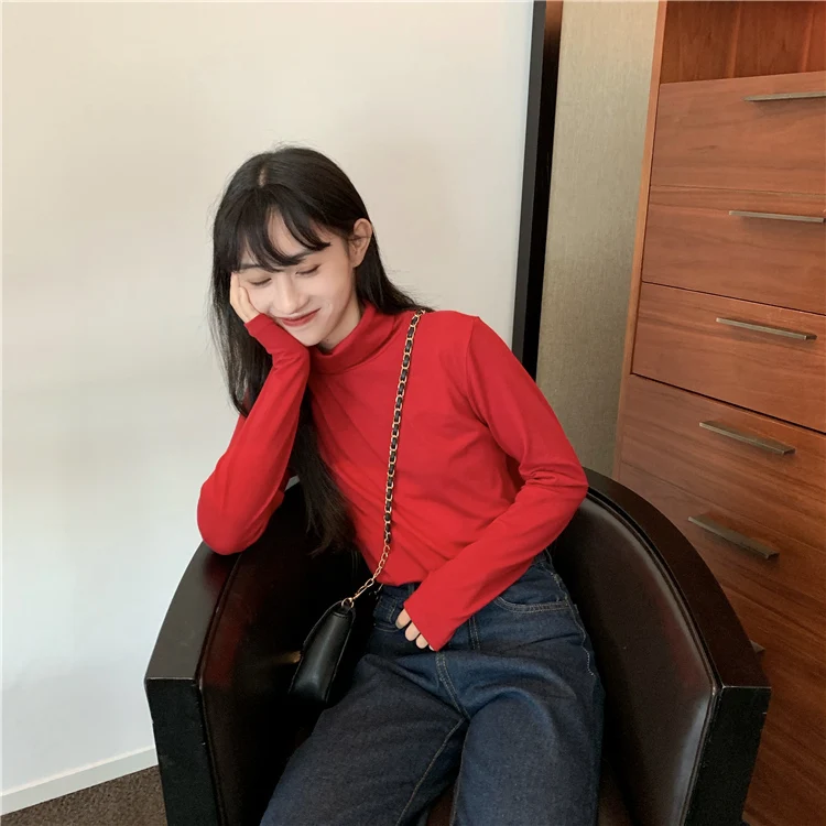 Qiu dong/качественная Стильная однотонная многоцветная Верхняя одежда без подкладки, футболка, Женский Топ с высоким воротом ba