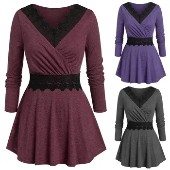 

Women's Sexy Blouse New Plus Size Solid V-neck Lace Stitching Waist Long Sleeve Pullover Spring Summer Fashion Casual Tops