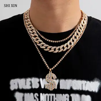 

SHIXIN Hip Hop Iced Out Cuban Link Chain Necklace for Women/Men Rhinestone Dollar Sign Pendant Necklace Set on Neck Choker Colar