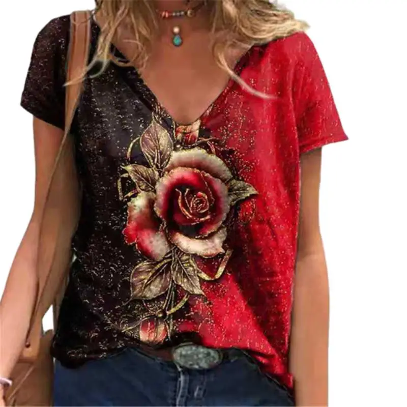 Women T-Shirts Lady Floral Print Short Sleeve Fashion Tee Large Size Loose Summer Tops Female High Street V-Neck T-Shirt 5XL Top off white t shirt