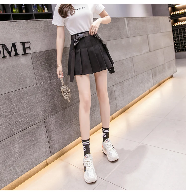Women Skirts Sexy Gothic Harajuku Short Skirts Casual Black White Grey Sashes Fashion Pleated Skirts Punk Mini Skirt Vintage