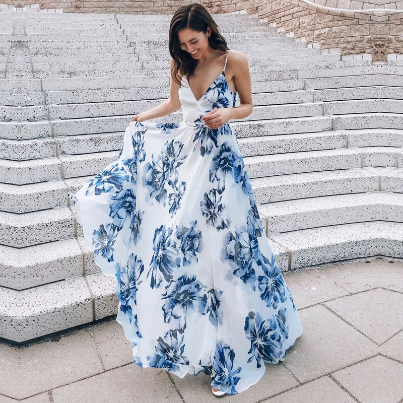 

Floral Print Strapless Sexy Maxi Dress Women Sleeveless V-Neck Backless Dresses Femme Holiday Bow Elegant Party Club Dress