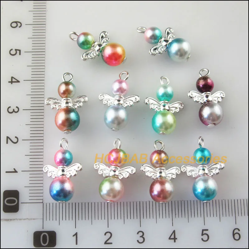 10Pcs Silver Plated Wings Colored Dancing Angel Charms Pendants 14x21mm