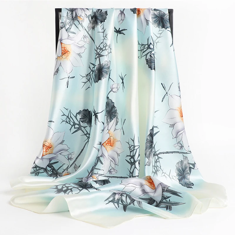 Popular Style Flower Kerchief Luxury Square Big Shawls Fashion Sunscreen 90X90CM Silk Scarves Four Seasons Print Satin Headcloth |