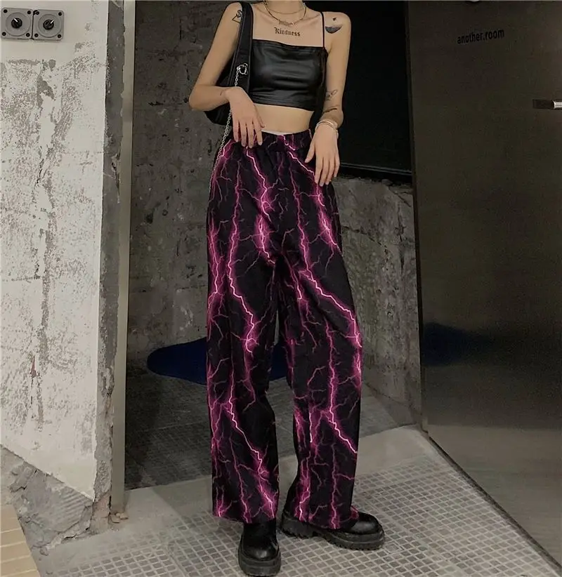 Y2k-Pantalones Harajuku de pierna ancha para mujer, pantalón informal holgado, color púrpura, con rayos, moda de verano