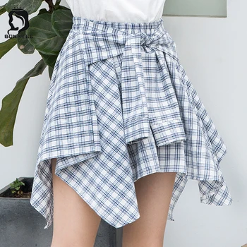 

Women Summer High Waist Plaid Skirts Womens Students Style Loose Mini Skirt Female Irregular Females Stretchy New Fashion Daily
