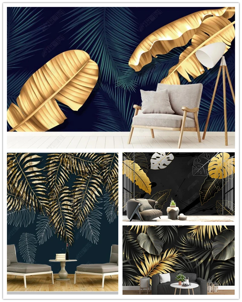 

Обои Papel de parede 3d с золотыми тропическими листьями, роскошные абстрактные настенные украшения для гостиной, спальни, бара, кафе