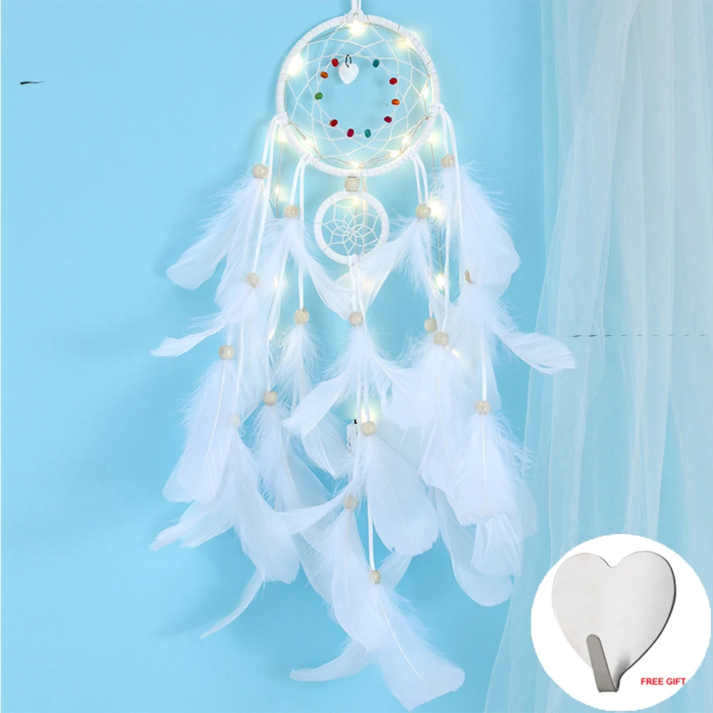 H With light Настенный Ловец снов, светодиодный ручной работы, перо, Ловец снов, плетеный колокольчик, искусство для Ловец снов, подвесной автомобиль, украшение для дома - Цвет: H With light