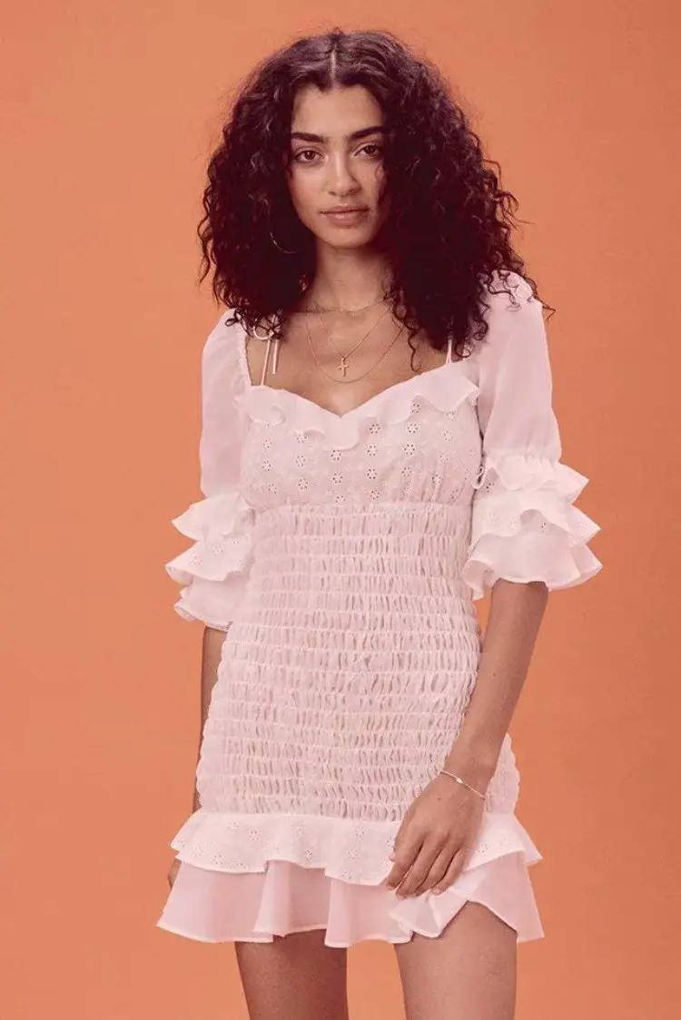 

Europe And America Summer New Style Slim Fit Slimming Retro Square Collar off-Shoulder Multilayer Hollow out Waist Hugging Cake
