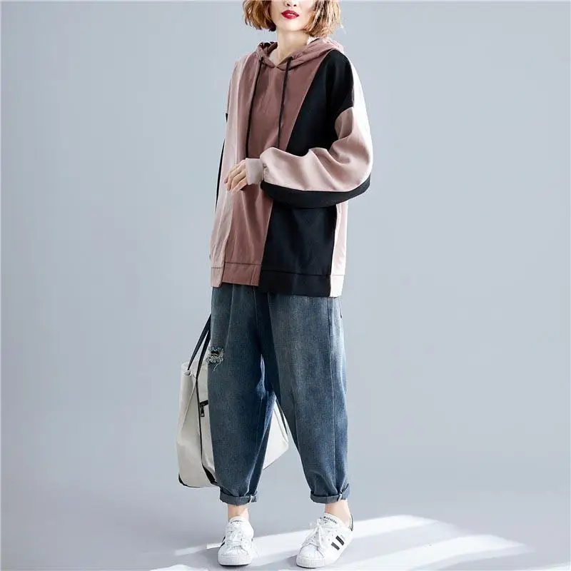 Skup Ponadgabarytowych bluzy z kapturem bluza z kapturem Patchwork koreański styl kobiet 2019 Kpop bluza z kapturem bluza z kapturem bluza plus size Streetwear kobieta ubrania