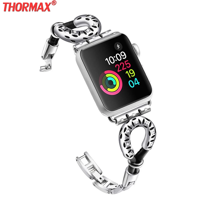 Браслет для Apple Watch 5 4 3 кожаный ремешок из нержавеющей стали Натуральный iWatch 38 мм 42