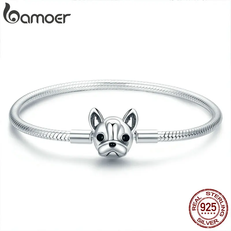 BAMOER, натуральная 925 пробы, серебро, французский бульдог, собачка, змея, цепь, женский браслет и браслеты, серебряные ювелирные изделия, 17-19 см, SCB075