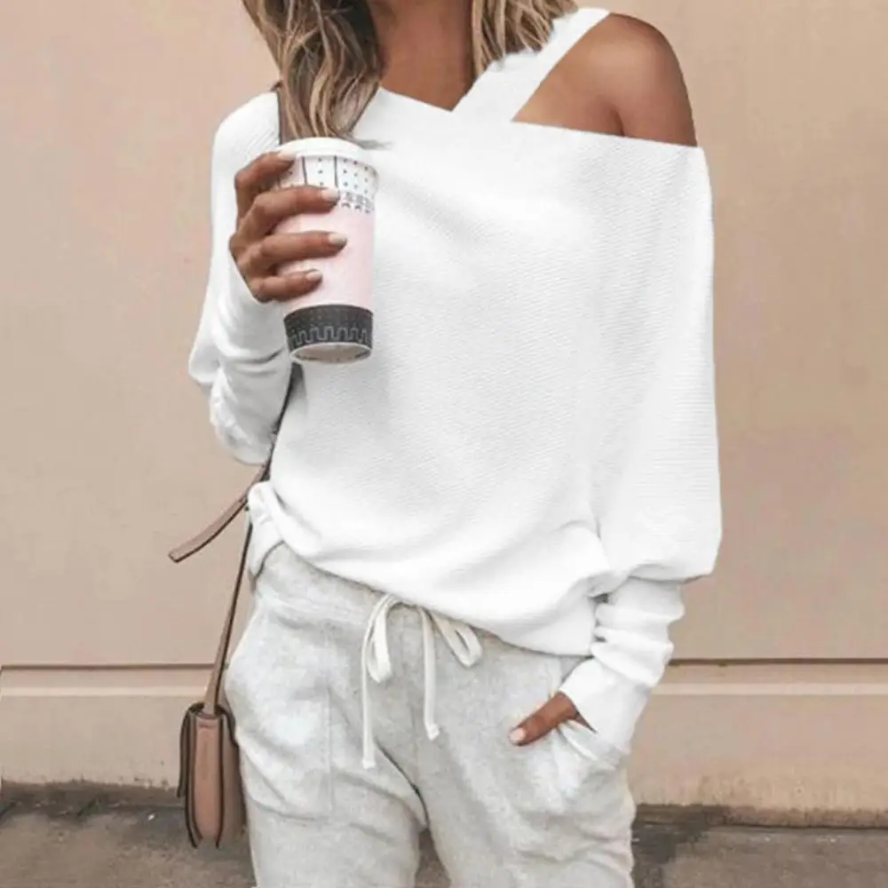 

Elegant Women Sweaters and Pullovers 2019 Autumn Off Shoulder Straps Knitted Sweater Casual Long Sleeve Ladies Tops Dropshipping