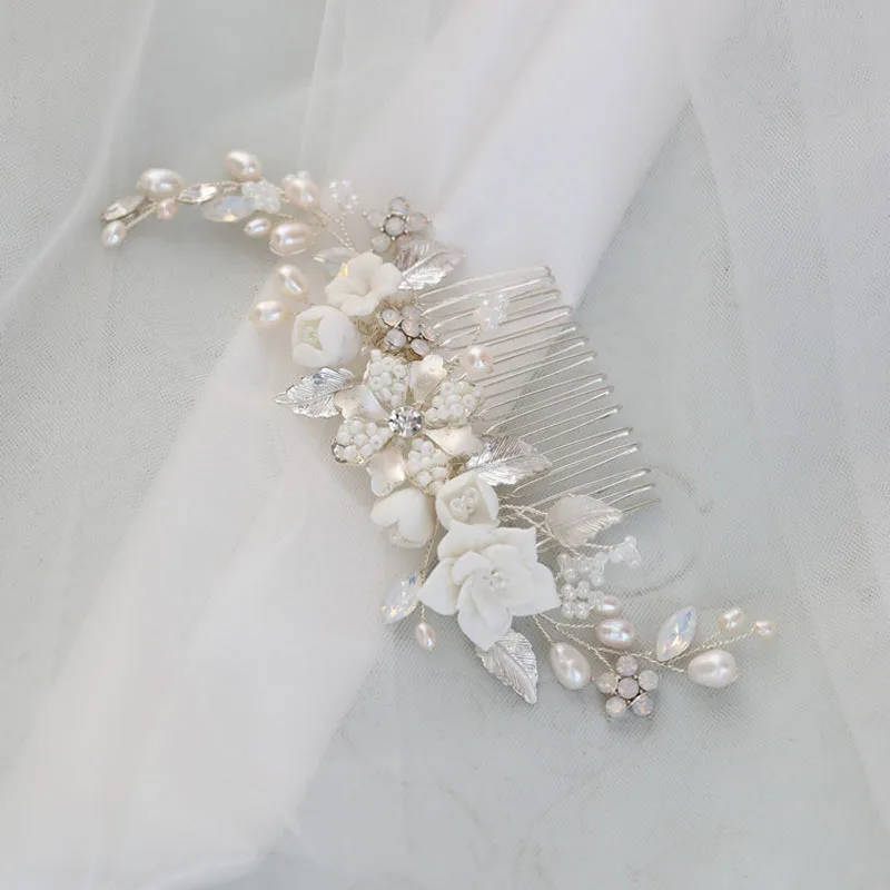 Floralbride Handmade Freshwater Pearls Ceram Flower Bridal Hair Comb Wedding Headdress Hair Accessory Bridesmaids Women Jewelry