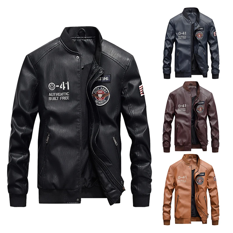 

Men Baseball Jacket Embroidered Casual PU Leather Coats Winter Men's Slim Fit Warm Fleece Pilot Military Jackets Stand Collar