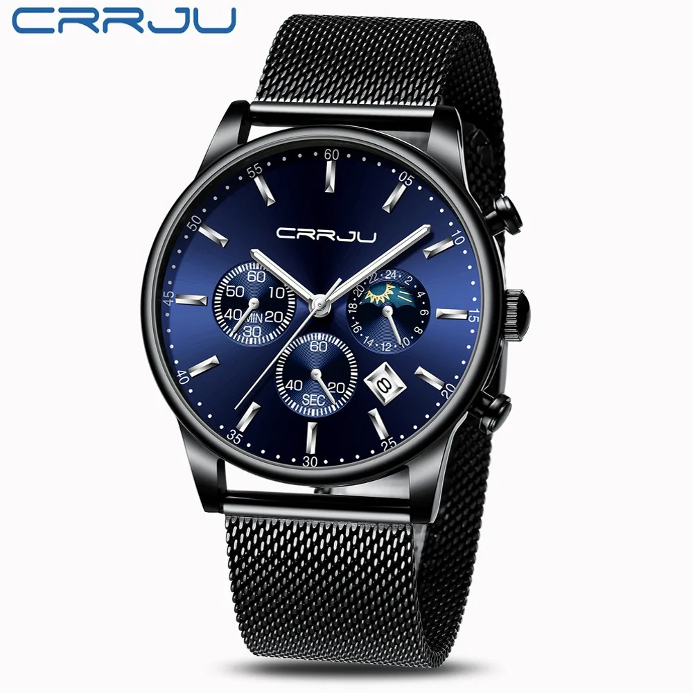 Relogio Masculino CRRJU Роскошные Кварцевые часы для мужчин синий циферблат часы спортивные часы хронограф часы с сетчатым РЕМЕШКОМ НАРУЧНЫЕ ЧАСЫ - Цвет: black blue silver