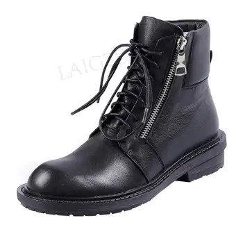 

LAIGZEM Quality Women Ankle Booties Genuine Leather Low Heels Boots Black White Motorcyle Ladies Shoes Woman Large Size 38 39 42