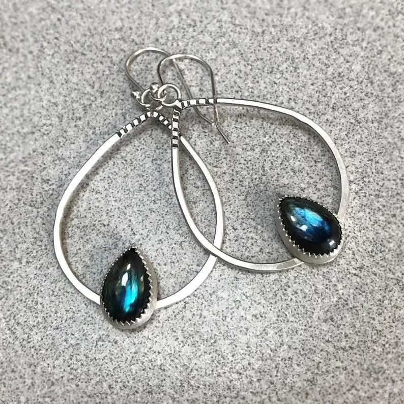 Винтажные висячие серьги из серебра пробы с зеленым камнем богемные водные