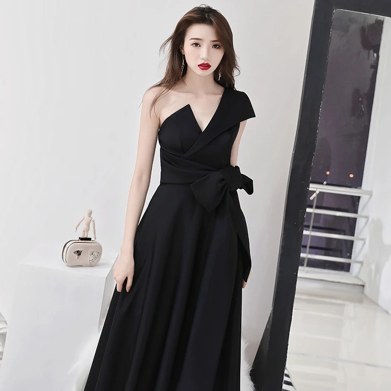 Женское элегантное сатиновое вечернее платье, черное, на одно плечо, Cheongsam, благородный бант, Qipao, сексуальное, v-образный вырез, Vestidos De Festa