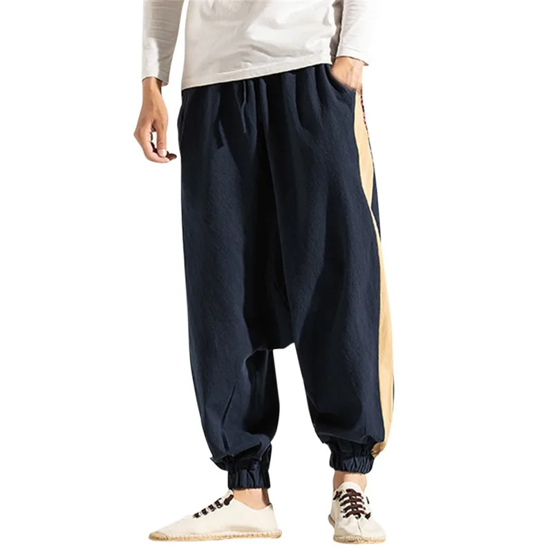 Linen Pants Men Large Print Vintage Cotton Cargo Trousers Pantalones hombre Streetwear Joggers Hip hop Pantalon homme Sweatpants - Цвет: Navy