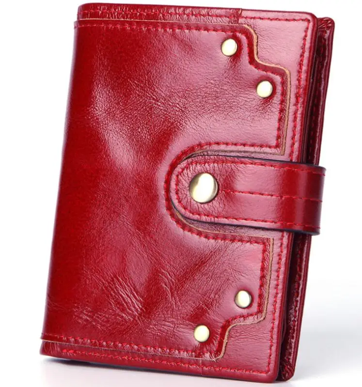 red women wallet Винтажный Мужской кошелек с заклепками футляры для идентификационных карт тонкое ушко сумка для денег женский короткий кошелек из натуральной кожи мужской кошелек с карманом для монет - Color: red women wallet