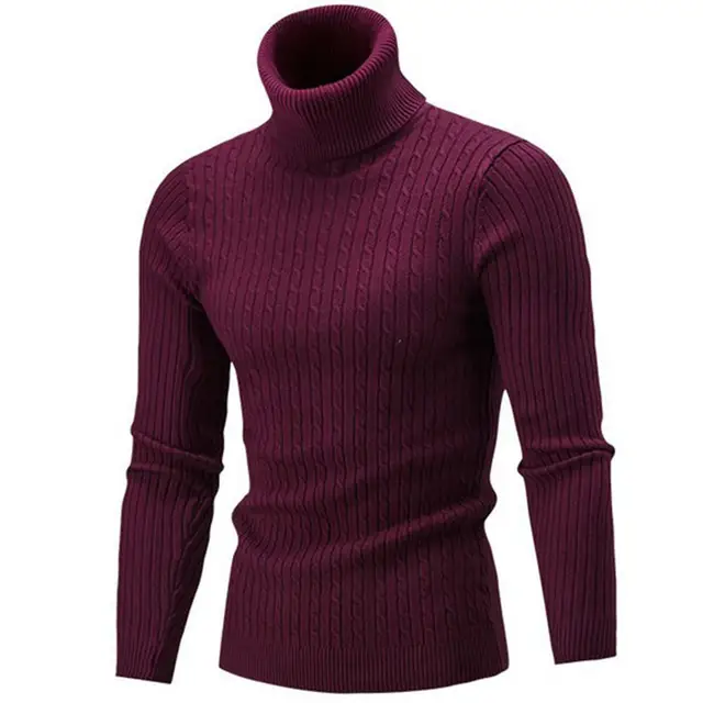 Casual Men Sweater Solid Color Turtleneck Knitted Sweater Men Slim Knitwear Knitted Jumpers Pullovers Men Sweater Pull Homme Wine Red