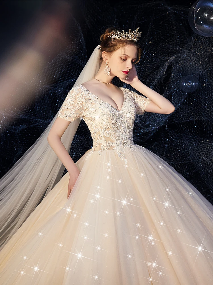 Vivian's Bridal роскошное блестящее звездное небо свадебное платье Элегантное с v-образным вырезом короткий рукав Бисероплетение Кружева Аппликации женское свадебное платье