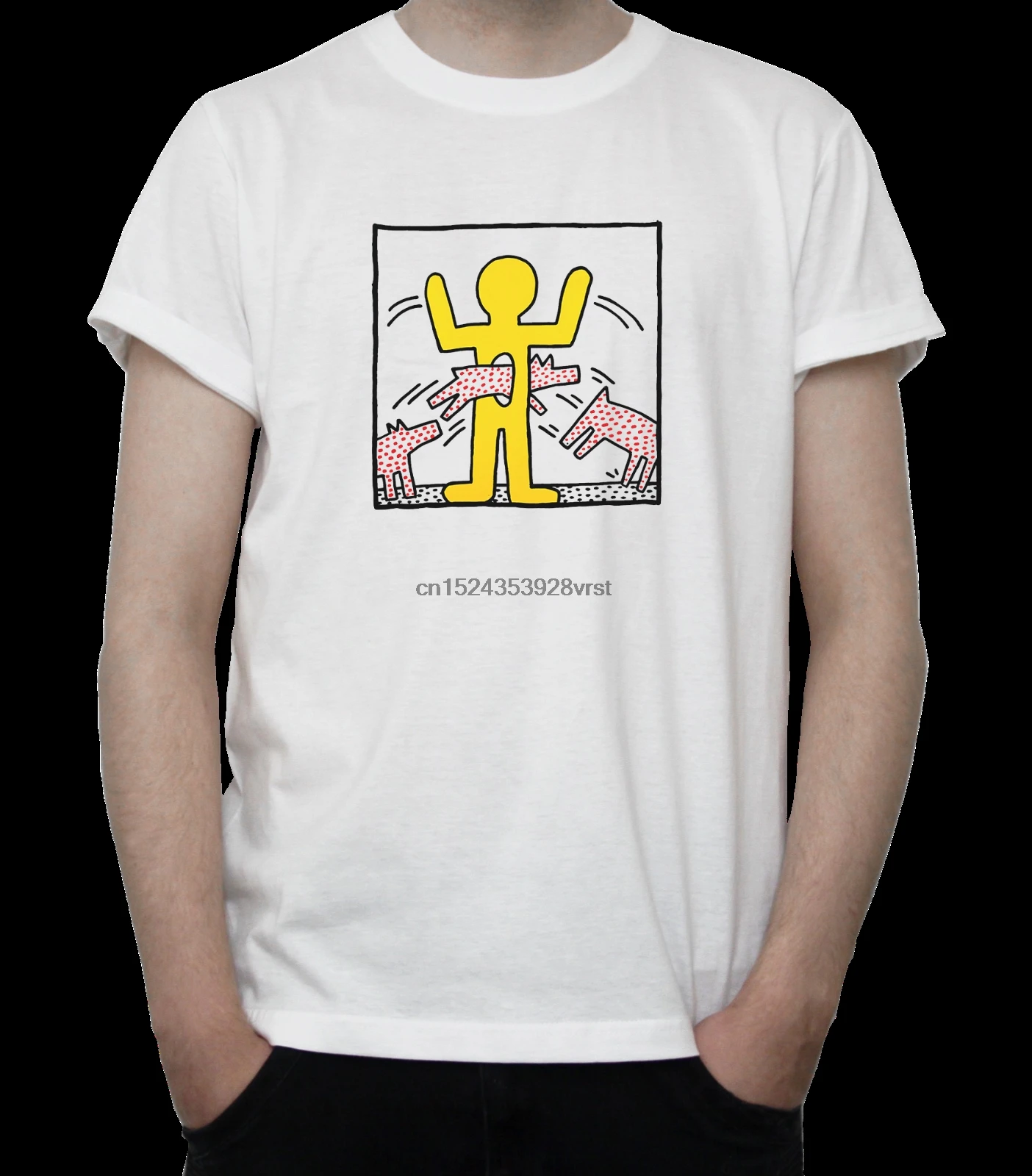 

KEITH HARING Untitled Artwork T-SHIRT Street ART Yellow FIGURE Dogs GREY White Cartoon t shirt men Unisex New Fashion tshirt