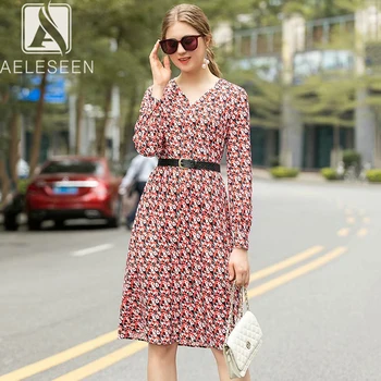 

AELESEEN 2020 Spring New Fairy Print Runway Dresses English Style Single Breasted Office Lady Sashes Floral Midi Shirt Dress