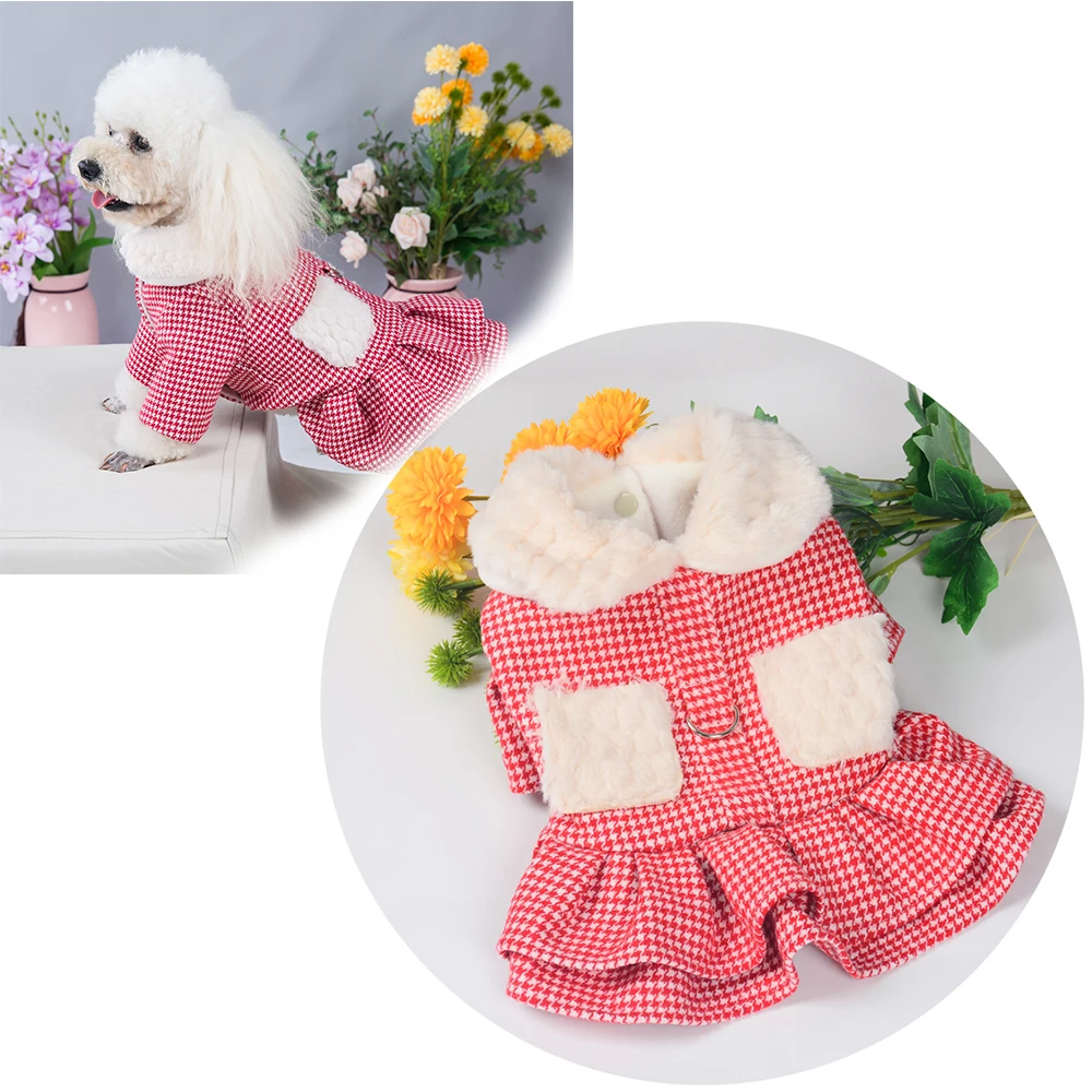Winter Warm Dog Clothes Dogs Harness Dresses Houndstooth Plaid Woolen
