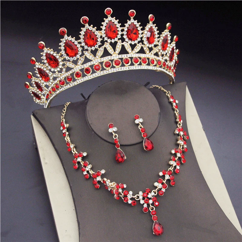 Crystal Bridal Jewelry Sets for Women Pink Tiaras Necklaces Earrings Set