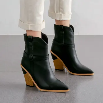 

Women Boots Faux Leather High Heel Ankle Boots Autumn Fashion Pointed Toe Wedges Western Boots Comfortable Plush Winter Boots