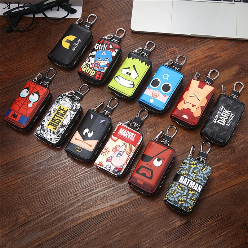 Fashion Cartoon Leather Key Bag Marvel Thor Spider Iron Man Small Key Wallets Bat Man Key Case for Car Key Cover Cute Key Chains